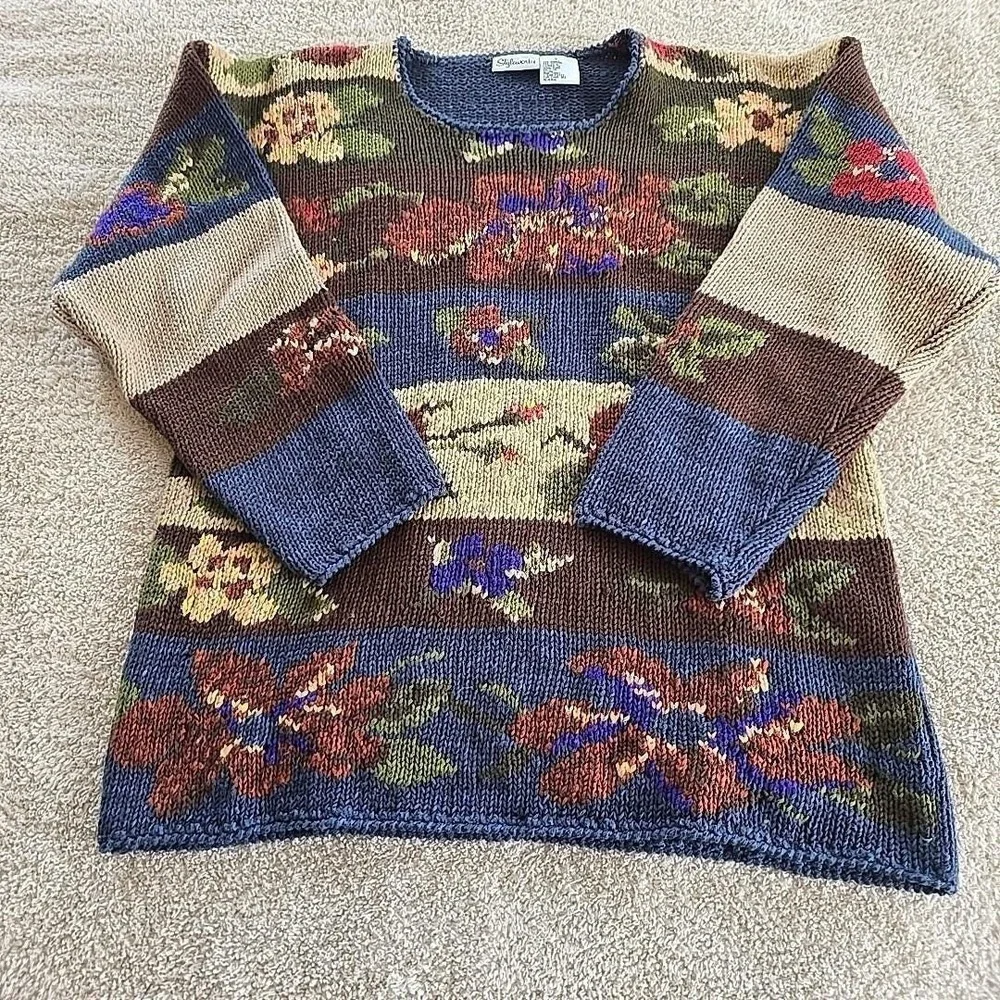 Vintage Styleworks Chunky-knit Fall Autumn Floral Sweater Grandmacore Oversize S
